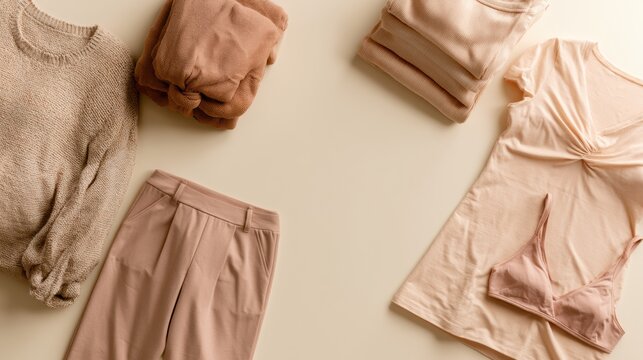 Maternity clothing items are neatly arranged on a cream background for a clear view of essential wardrobe pieces in neutral shades.