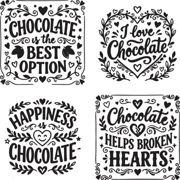 Chocolate, sweet, typography, vector icons, black and white, food, dessert, love, hearts, leaves, illustrations, 4 elements