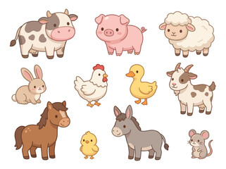 Obraz premium Cute Farm Animals Blob Brush Style Illustration Set Cow Pig Sheep Horse Vector Bundle
