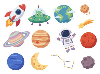Fototapeta premium Cute Space Outer Space Blob Brush Style Illustration Set Planets Astronaut Rocket Vector Bundle