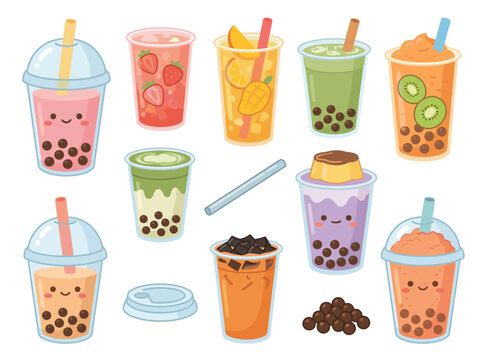 Cute Kawaii Bubble Tea Boba Drink Blob Brush Style Illustration Set Vector Bundle