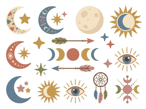 Boho Celestial Moon Phases Blob Brush Style Illustration Set Sun Evil Eye Vector Bundle