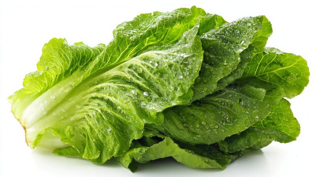 Crisp, green romaine lettuce sits on a white background.