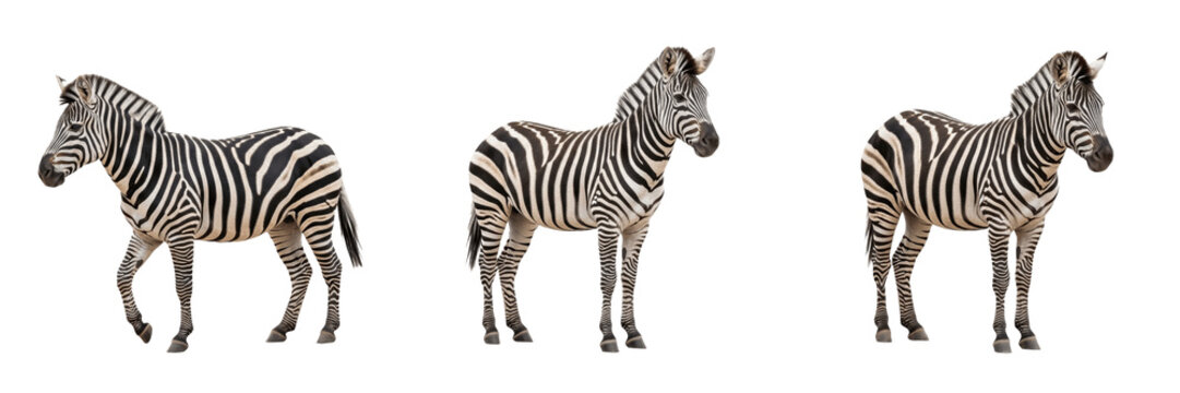 Full Length Side Profile of Young Zebra Walking and Standing in Different Poses Isolated on White Background, African Wildlife Animals Collection