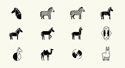 Fototapeta premium Set of Animal Icons: Zebra, Horse, Camel, Llama, Donkey, Abstract Shapes