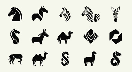 Fototapeta premium Set of Animal Silhouettes: Horse, Zebra, Camel, Llama, Donkey Icons