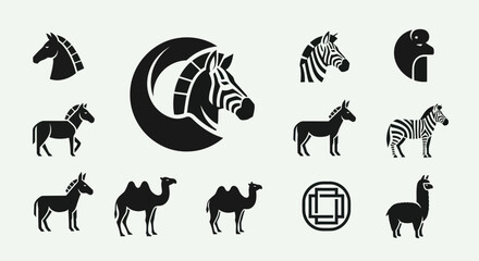 Fototapeta premium Set of Animal Silhouettes: Horse, Zebra, Camel, Llama, Monkey Icons