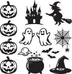Obraz premium Halloween icons, black silhouette set, spooky symbols, 13 graphic elements