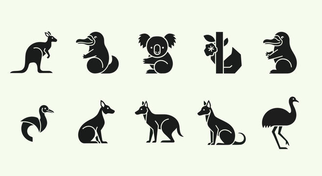 Set of Australian Wildlife Icons: Kangaroo, Koala, Platypus, Dingo, Emu