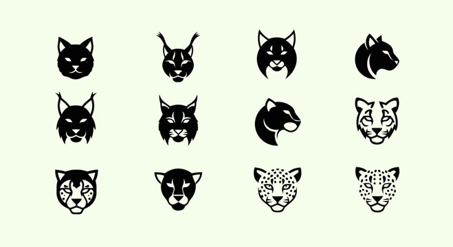 Set of Big Cat and Wild Cat Icons: Stylized Vector Illustrations