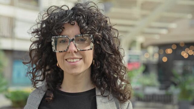 Woman wearing oversized square glasses smiling with visible teeth on street outside cafe with curly hair and checked blazer; confidence approachability.