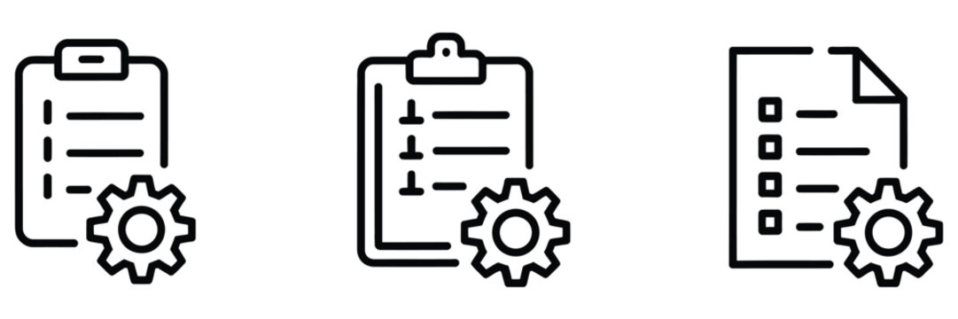Technical checklist clipboard add gear icon set for technical support, maintenance tasks and business management workflow