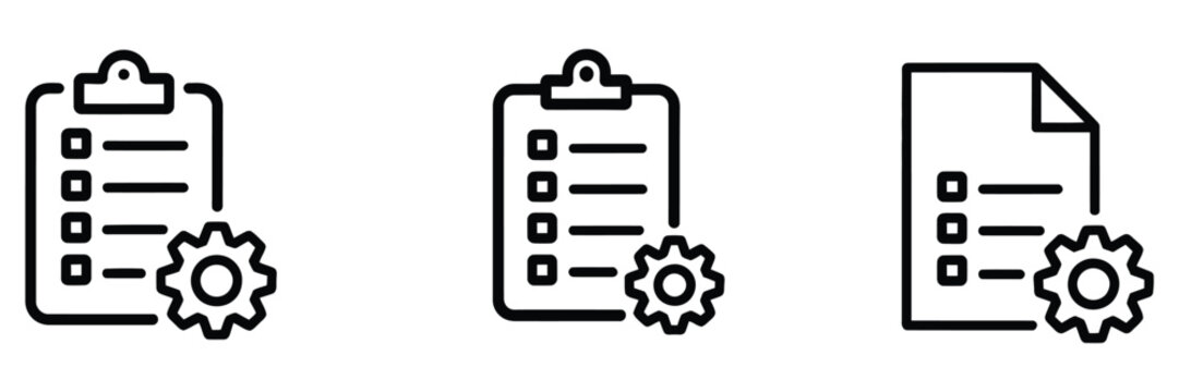 Technical support checklist icon set with clipboard and cog symbols for system management, task control and business operations,