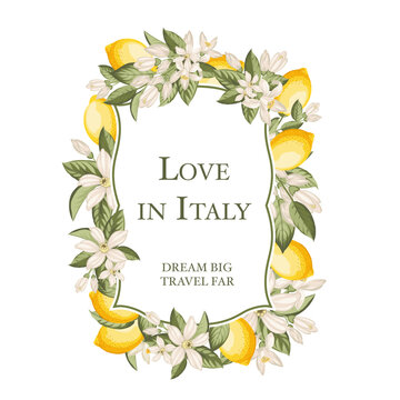 Lemon vintage frame. Italian vector background. Fresh lemon and green