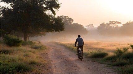 Obraz premium A solitary figure walks along a dusty path through a dense forest during the warm light of sunrise or sunset