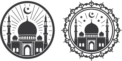 Stylized Islamic Mosque Silhouettes with Crescent Moon and Stars in Circular Frames religion architecture © Narendranath