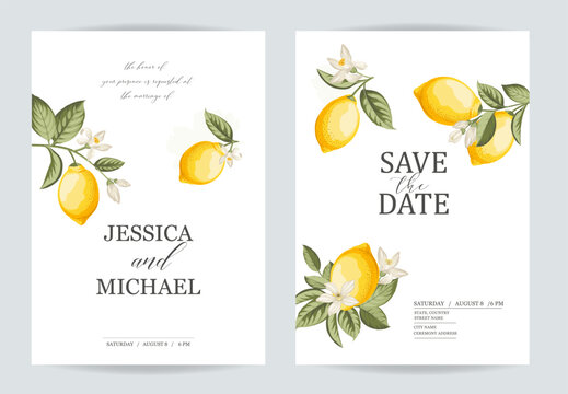 Wedding invitation. Save the date greeting card. Citrus illustration