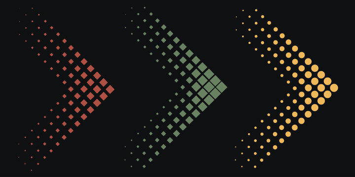 Three Chevron Arrows Made of Halftone Dots in Red Green and Yellow on Black pattern