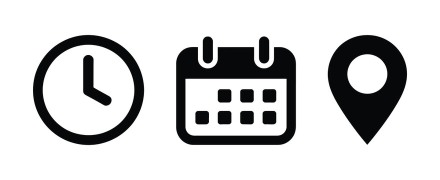 Time, date and address icon set vector with clock, calendar and location pin markers for business meeting schedule, event booking and reminder vector