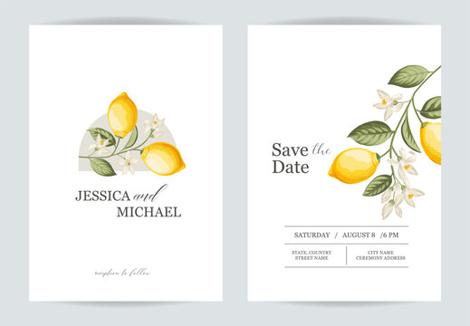 Wedding invitation. Save the date greeting card. Citrus illustration