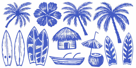 Obraz premium tropical vacation icons collection blue line drawing style