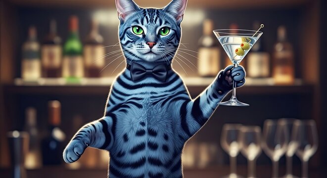 Anthropomorphic blue cat holding martini glass in dim bar.