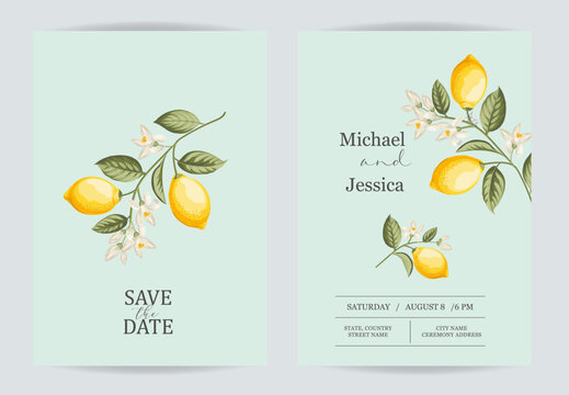 Wedding invitation. Save the date greeting card. Citrus illustration