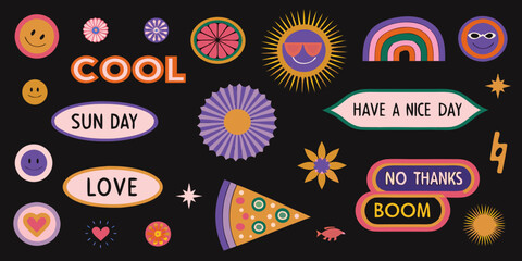 retro sticker collection with suns smiley faces and playful typography © Biplab