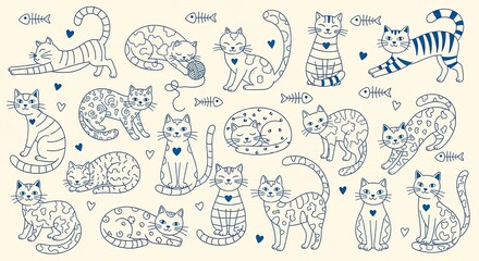 Naklejka premium Minimalist blue cat doodles and fish bone patterns.