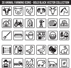 30 animal farming icons including livestock, buildings, equipment and personnel. © Farzana Akter Munni