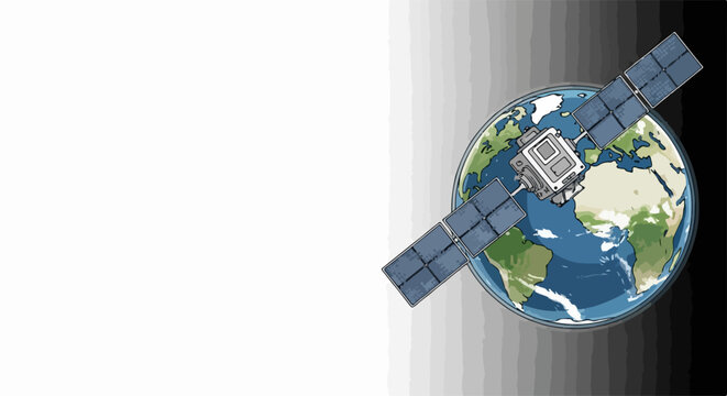 Satellite communication vector illustration with Earth and signal beams for technology concept. Modern satellite design with antenna array and global coverage.