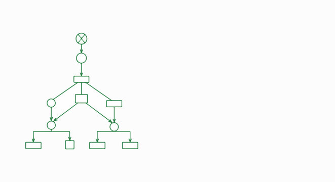 Minimalist organizational flowchart diagram with branching structure and connected nodes. Vector style flowchart for business process mapping. Concept diagram for project management workflows.