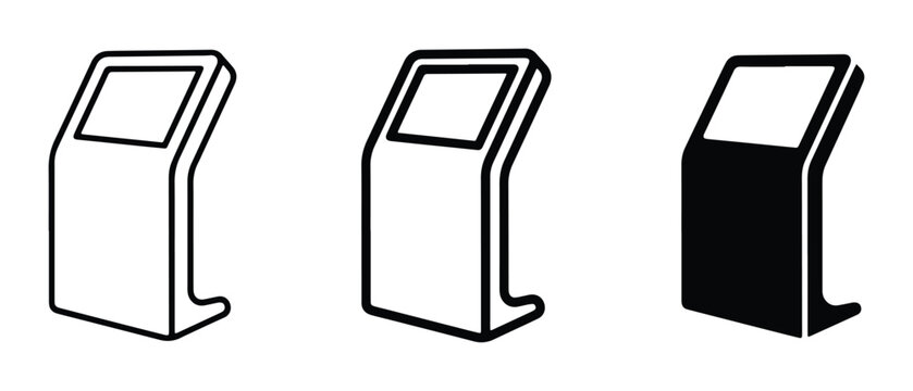 Interactive Kiosk Icons, Touchscreen Display Terminals, Digital Signage Stand Vector Set