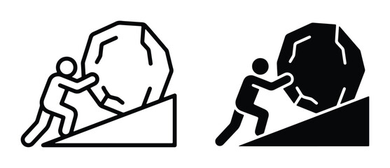 Effort, Struggle, and Perseverance Icons: Person Pushing Boulder Uphill, Symbolizing Hard Work, Challenge, and Determination © Arman