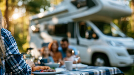 Obraz premium Family beside their camper van on a relaxed outdoor picnic, full scene showing leisure travel and family road trip lifestyle concept, faceless, faces not clearly visible,