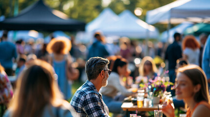 Obraz premium People enjoying a sunny afternoon at an outdoor park festival with tents and group activities, community leisure and lifestyle concept, faceless, faces not clearly visible,