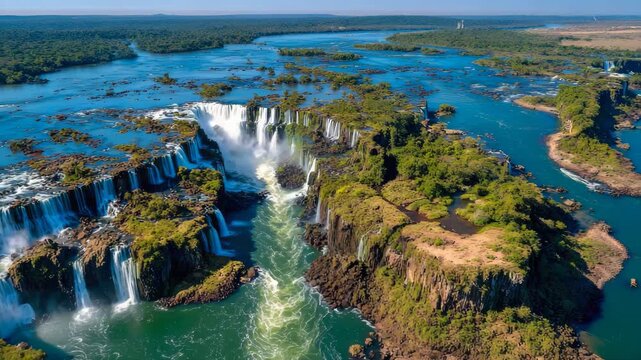Aerial view of Iguazu Falls cascading into the river, surrounded by lush greenery and rocky islands, showcasing the natural beauty of South Americas iconic waterfall system