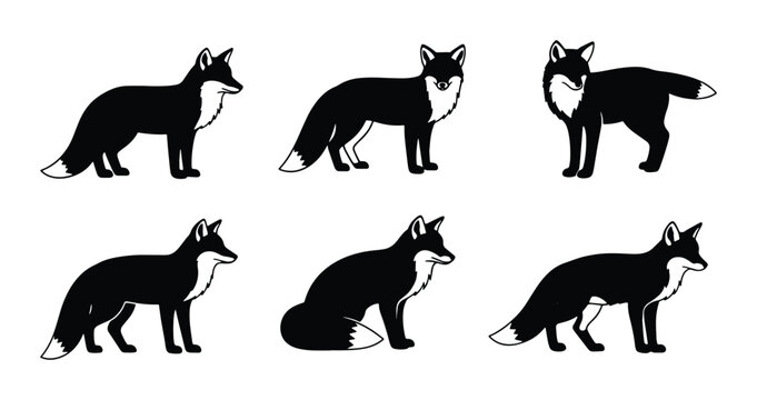 Black Fox Vector Icons Set, Wildlife Animal Silhouettes, Cute Forest Creature Graphics, Nature Element Illustrations