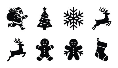 Christmas Icons Set: Santa Claus, Reindeer, Tree, Snowflake, Gingerbread Man, Stocking, Festive Vector Graphics © Farzana