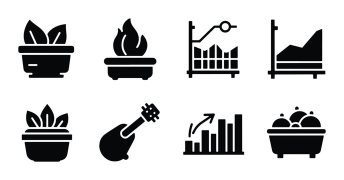 Set of 8 Black Silhouette Icons: Potted Plants, Torch, Guitar, Charts, Bathtub, Business Growth