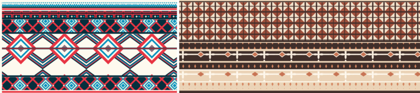 Geometric tribal border designs with native american and african motifs for traditional ethnic textile art.