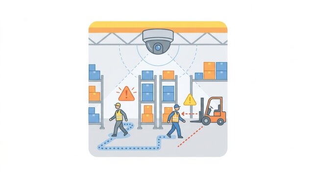 Camera provides safety monitoring in a warehouse with workers and a forklift managing logistics operations while avoiding hazards.
