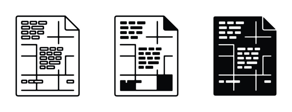 Document Layout Icons, Technical Blueprint Graphics, and Data Sheet Symbols for Business and Design