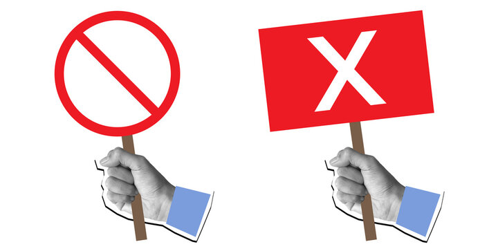 Hands holding stop prohibition sign and red cross banner, minimalist collage art set isolated. Perfect for rejection, protest, or warning concept.