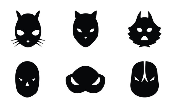 Six Black Animal and Monster Face Icons, Vector Silhouettes for Graphic Design, Cute and Scary Character Masks