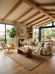 Fototapeta premium modern living room with natural wood beams and fireplace