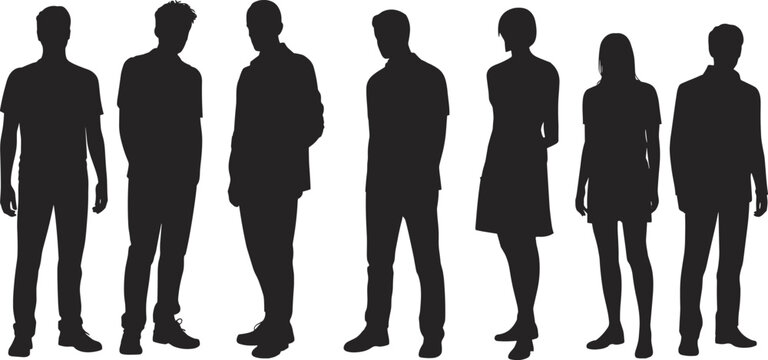 Group of Standing People Silhouettes Collection with Men and Women in Casual Poses Vector Illustration