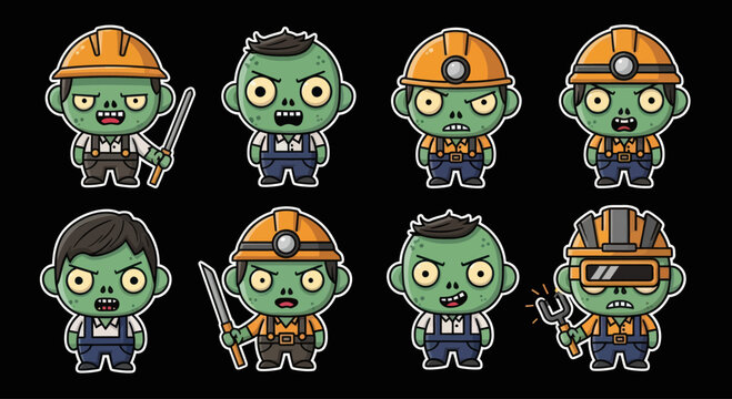 Cute Cartoon Zombies Wearing Work Uniforms and Helmets
