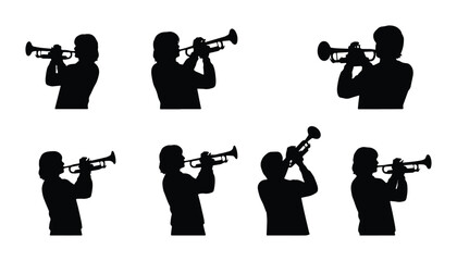 Trumpet Player Silhouettes Collection, Musical Performance Icons, Jazz Band Musician Vector Set, Brass Instrument Art © Trisha