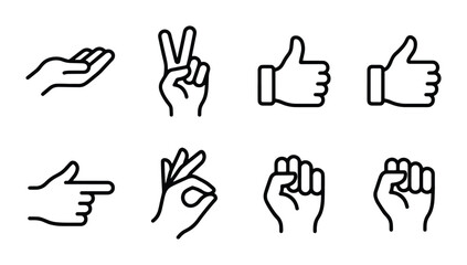 Obraz premium Set of 8 Vector Hand Gestures Icons: Thumbs Up, Peace Sign, Open Palm, Pointing, OK, Fist, Vector Graphics for Communication and Approval